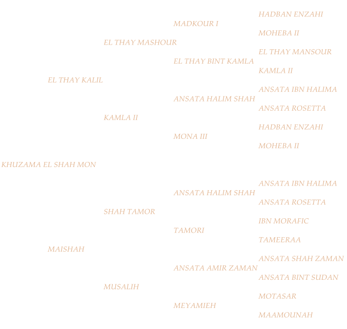 HADBAN ENZAHI MADKOUR I MOHEBA II EL THAY MASHOUR EL THAY MANSOUR EL THAY BINT KAMLA KAMLA II EL THAY KALIL  ANSATA IBN HALIMA ANSATA HALIM SHAH ANSATA ROSETTA KAMLA II HADBAN ENZAHI MONA III MOHEBA II KHUZAMA EL SHAH MON ANSATA IBN HALIMA ANSATA HALIM SHAH ANSATA ROSETTA SHAH TAMOR IBN MORAFIC TAMORI TAMEERAA MAISHAH ANSATA SHAH ZAMAN ANSATA AMIR ZAMAN ANSATA BINT SUDAN MUSALIH MOTASAR MEYAMIEH MAAMOUNAH