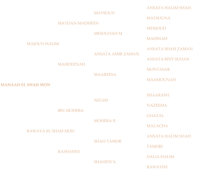ANSATA HALIM SHAH MAYSOUN MAYSOUNA MAYDAN-MADHEEN MESSOUD MESOUDAH M MADINAH MAJOUN HALIM ANSATA SHAH ZAMAN ANSATA AMIR ZAMAN ANSATA BINT SUDAN MAHDEENAH MONTASAR MAAREESA MAAMOUNAH MAHAAH EL SHAH MON SHAARAWI NIZAM NAZEEMA IBN MOHEBA  GHAZAL MOHEBA II MALACHA RAWAYA EL SHAH MON ANSATA HALIM SHAH SHAH TAMOR TAMORI RASHAHNI DALIA HALIM SHAHDIVA RAWAYEH
