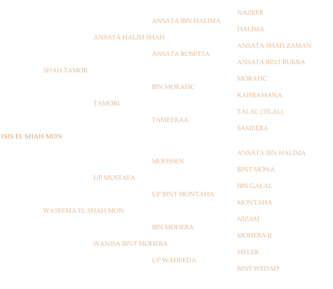 NAZEER ANSATA IBN HALIMA HALIMA ANSATA HALIM SHAH ANSATA SHAH ZAMAN ANSATA ROSETTA ANSATA BINT BUKRA SHAH TAMOR MORAFIC IBN MORAFIC KAHRAMANA TAMORI TALAL (TILAL) TAMEERAA SAMEERA ISIS EL SHAH MON ANSATA IBN HALIMA MOHSSEN BINT MONA UP MUSTAFA IBN GALAL UP BINT MONTAHA MONTAHA WASEEMA EL SHAH MON NIZAM IBN MOHEBA MOHEBA II WANISA BINT MOHEBA MELEK UP WAHEEDA BINT WEDAD