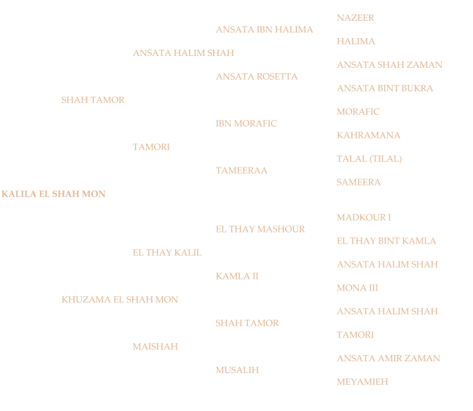 NAZEER ANSATA IBN HALIMA HALIMA ANSATA HALIM SHAH ANSATA SHAH ZAMAN ANSATA ROSETTA ANSATA BINT BUKRA SHAH TAMOR MORAFIC IBN MORAFIC KAHRAMANA TAMORI TALAL (TILAL) TAMEERAA SAMEERA KALILA EL SHAH MON MADKOUR I EL THAY MASHOUR EL THAY BINT KAMLA EL THAY KALIL ANSATA HALIM SHAH KAMLA II MONA III KHUZAMA EL SHAH MON ANSATA HALIM SHAH SHAH TAMOR TAMORI MAISHAH ANSATA AMIR ZAMAN MUSALIH MEYAMIEH