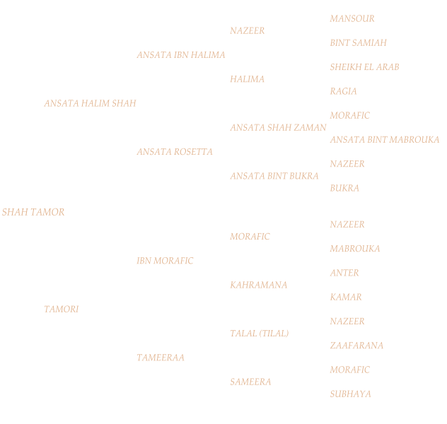 MANSOUR NAZEER BINT SAMIAH ANSATA IBN HALIMA SHEIKH EL ARAB HALIMA RAGIA ANSATA HALIM SHAH MORAFIC ANSATA SHAH ZAMAN ANSATA BINT MABROUKA ANSATA ROSETTA NAZEER ANSATA BINT BUKRA BUKRA SHAH TAMOR NAZEER MORAFIC MABROUKA IBN MORAFIC ANTER KAHRAMANA KAMAR TAMORI NAZEER TALAL (TILAL) ZAAFARANA TAMEERAA MORAFIC SAMEERA SUBHAYA